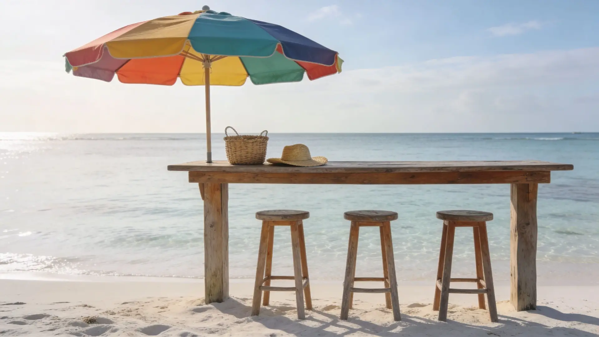 Best Beaches In Nassau Bahamas Near Cruise Ship Port Guide 2 A rustic wooden bar with three stools and a colorful umbrella on a sandy beach.