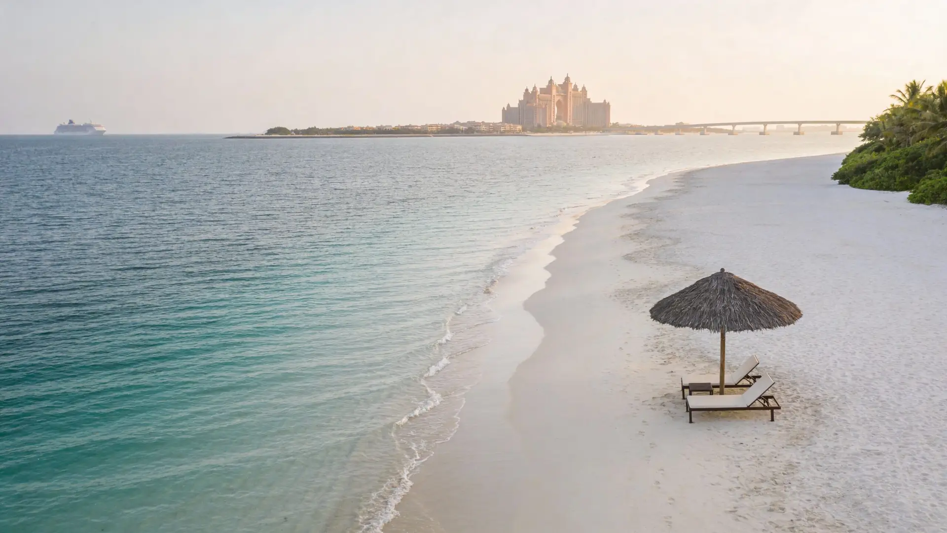 Top Beaches in Nassau Bahamas Near Cruise Ship Port 2 A serene tropical beach with lounge chairs under a straw umbrella overlooking a distant luxury hotel resort.