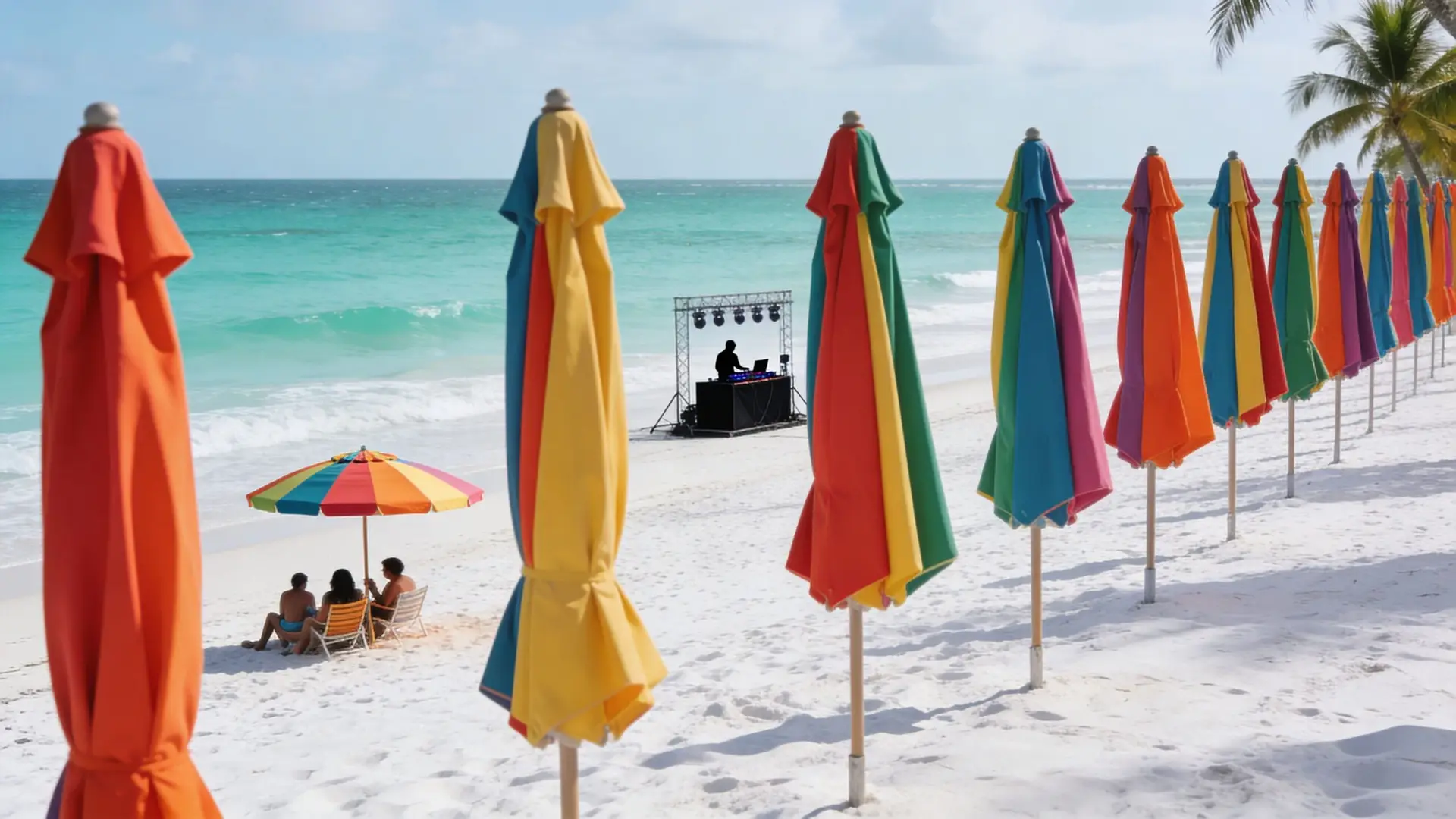 Best Beaches In Nassau Bahamas Near Cruise Ship Port 2 A scenic tropical beach in Nassau with colorful closed umbrellas and a DJ booth by the ocean.