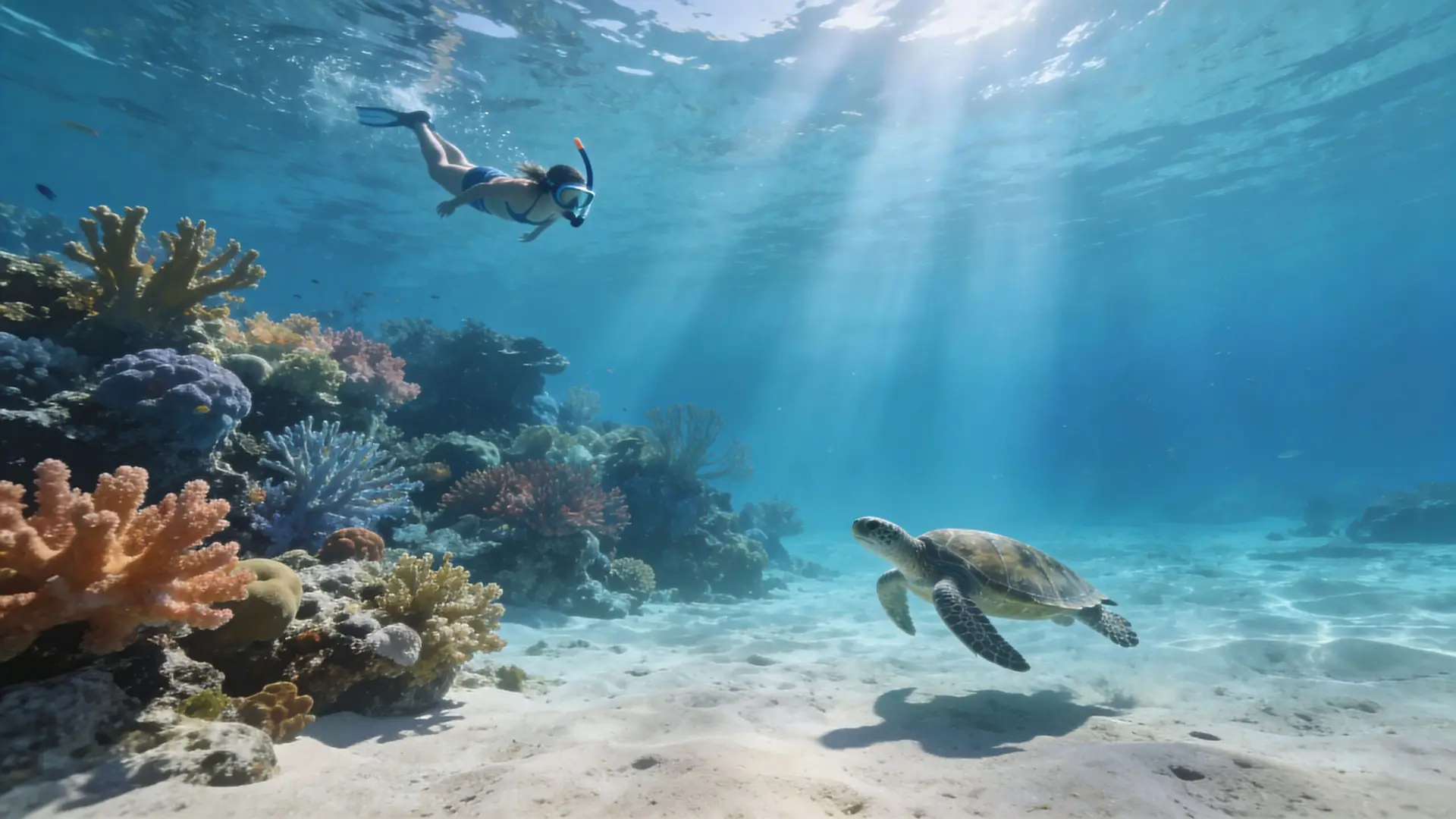Best Beaches In Nassau Bahamas Near Cruise Ship Port 3 A person snorkeling near a coral reef as a sea turtle swims in the clear blue ocean.