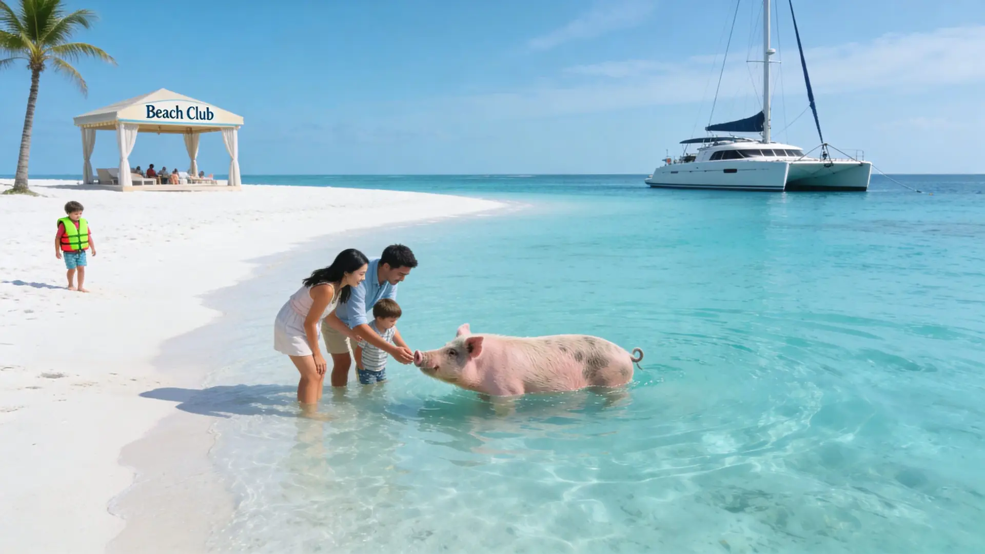 Top Beaches in Nassau Bahamas Near Cruise Ship Port 1 A family interacts with a swimming pig on a white sandy beach near a luxury boat.
