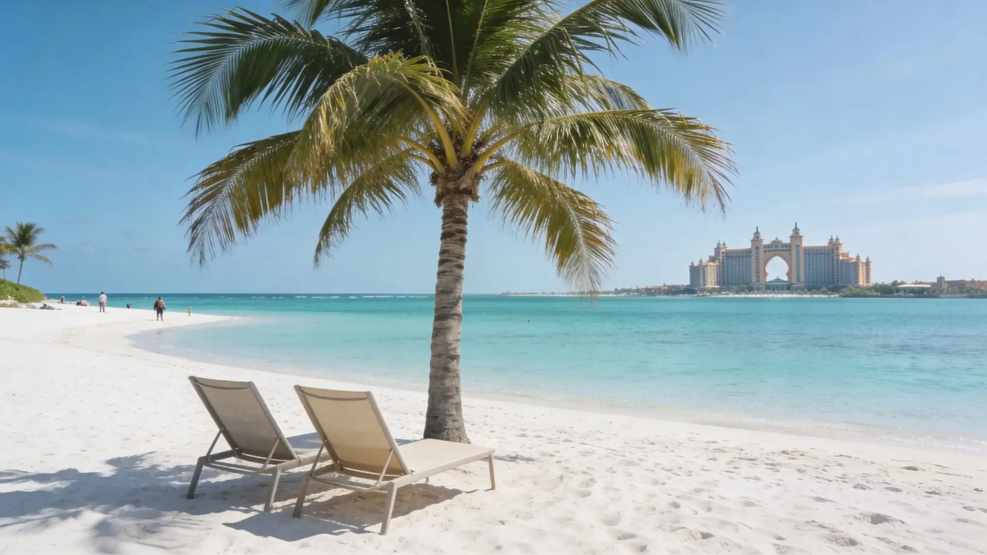 Best Beaches In Nassau Bahamas Near Cruise Ship Port Guide 1 Two lounge chairs on a pristine white sandy beach overlooking the iconic Atlantis resort in Nassau Bahamas.