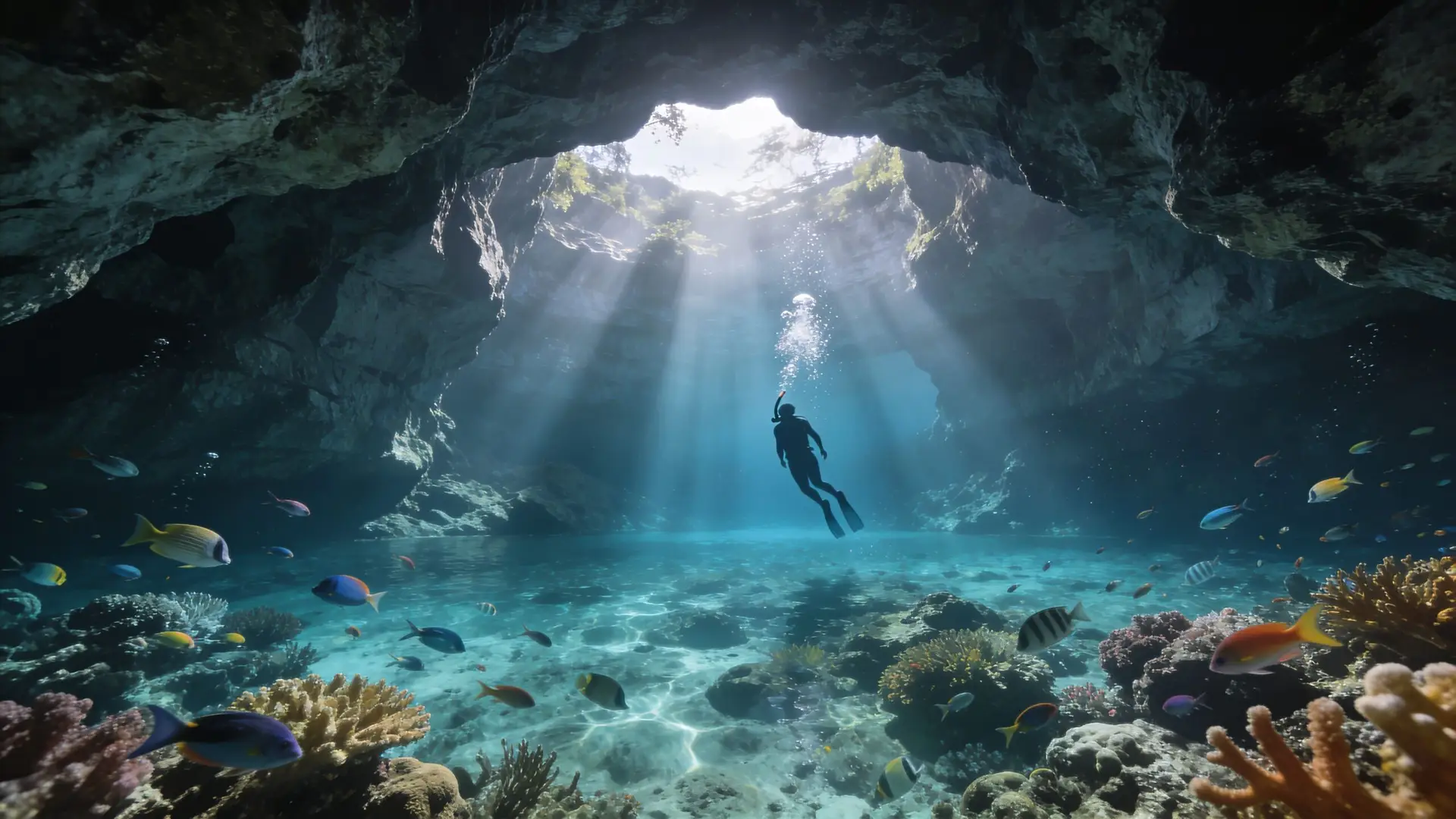 Top Beaches in Nassau Bahamas Near Cruise Ship Port 3 A scuba diver explores a crystal clear sunlit underwater cave surrounded by tropical fish and coral reefs.